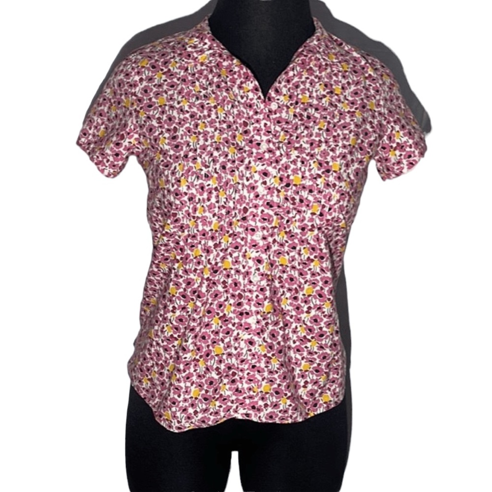 J Crew button down shirt. White with pink flowers. Size M